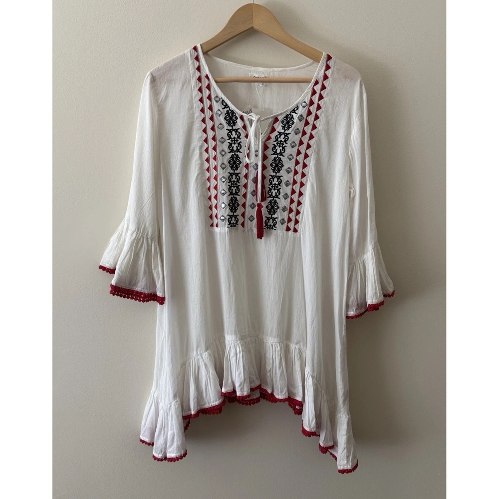 Pure Nordic Hacienda Tunic Women's XL White Cotton Red Embroidered Trimmed NWT